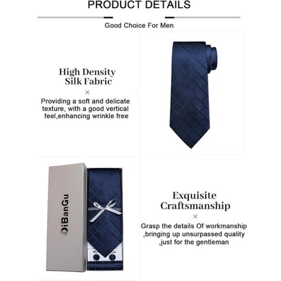 Plaid Ties for Men Silk Checkered Necktie & Pocket Square Cufflinks Tie Clip Set - Picture 6 of 7
